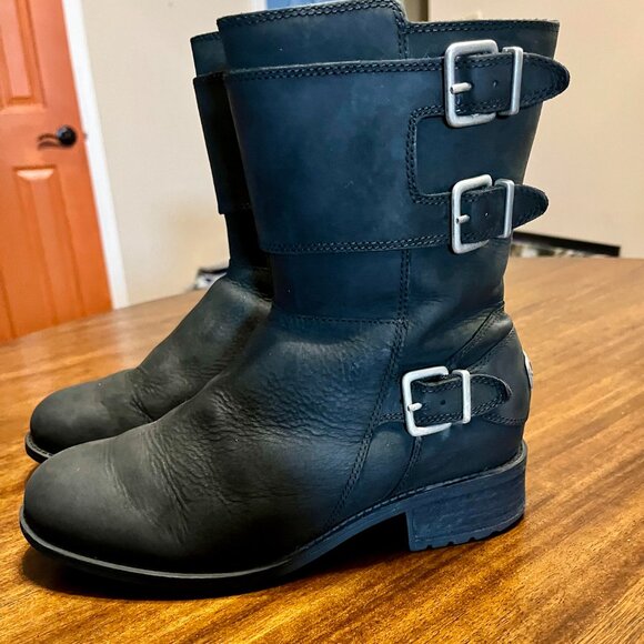 UGG Wilcox Water Resistant Black Leather Wool Lining Biker-Style Boots Size 7 - Picture 4 of 7